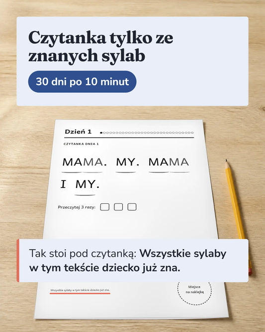 Wydrukowana karta Dzień 1 z czytanką MAMA. MY. MAMA I MY. na drewnianym stole, obok ołówek