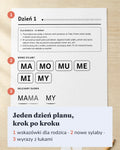 Karta Dzień 1: wskazówki dla rodzica, nowe sylaby MA MO MU ME MI MY i wyrazy z łukami