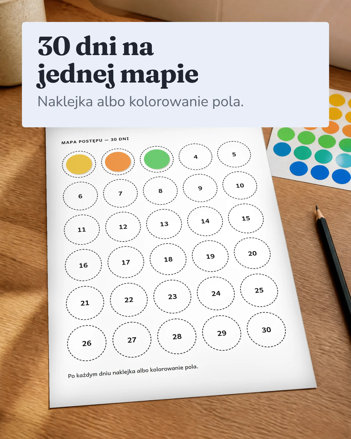Mapa postępu z 30 polami do zaznaczania po każdym dniu, pierwsze trzy pola oklejone